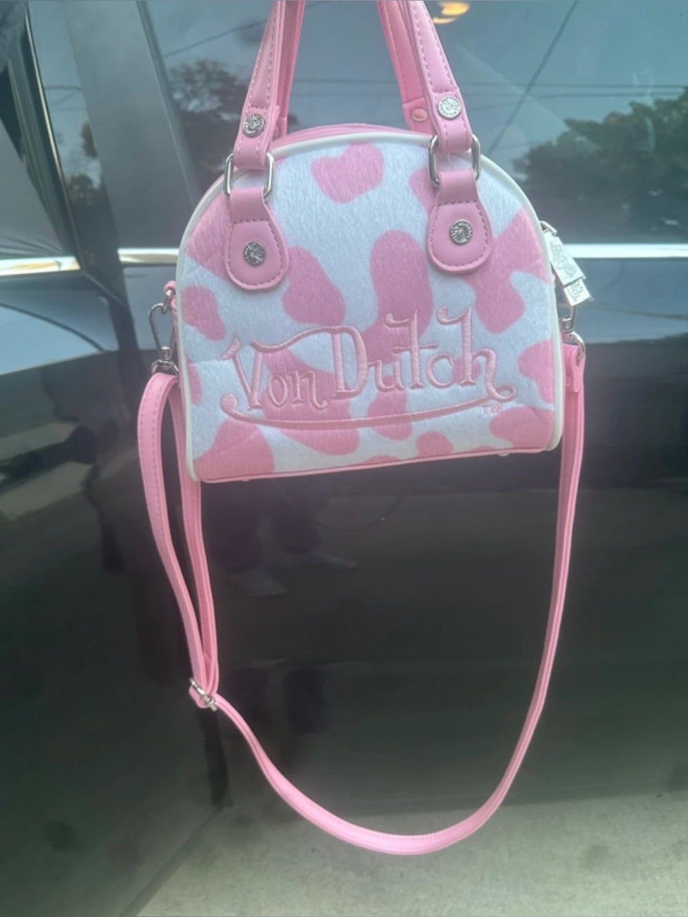 Von Dutch Pink and White Cow Print Crossbody Bag